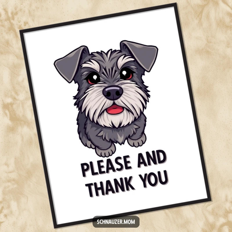 Funny Schnauzer poster with adoring eyes, looking up with eagerness to please, perfect for heartwarming and humorous wall art.