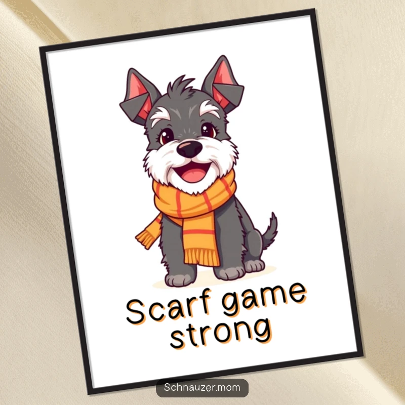 Funny Schnauzer poster showcasing a delighted dog character wearing a small scarf and radiating pure happiness with a wide smile.