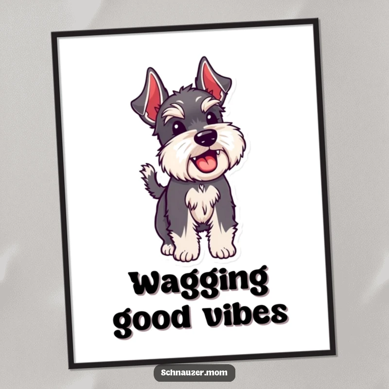 Funny Schnauzer dog joyfully wagging its bristly tail, creating a dynamic and happy visual on a poster.