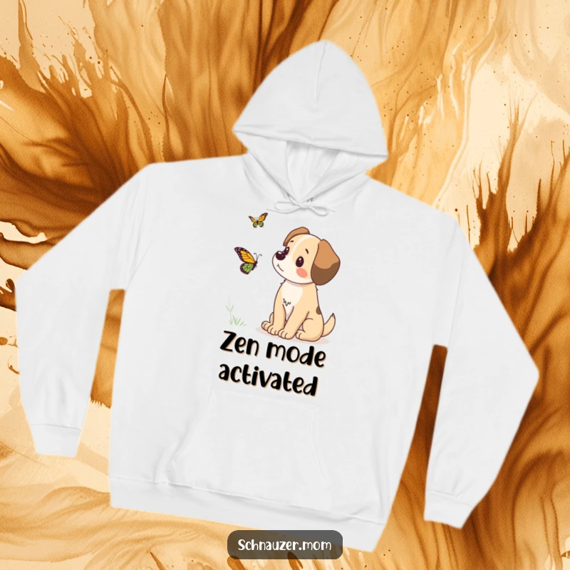 Funny hoodie depicting a cute dog engrossed in watching a butterfly, offering a humorous and cozy fashion statement for dog enthusiasts.
