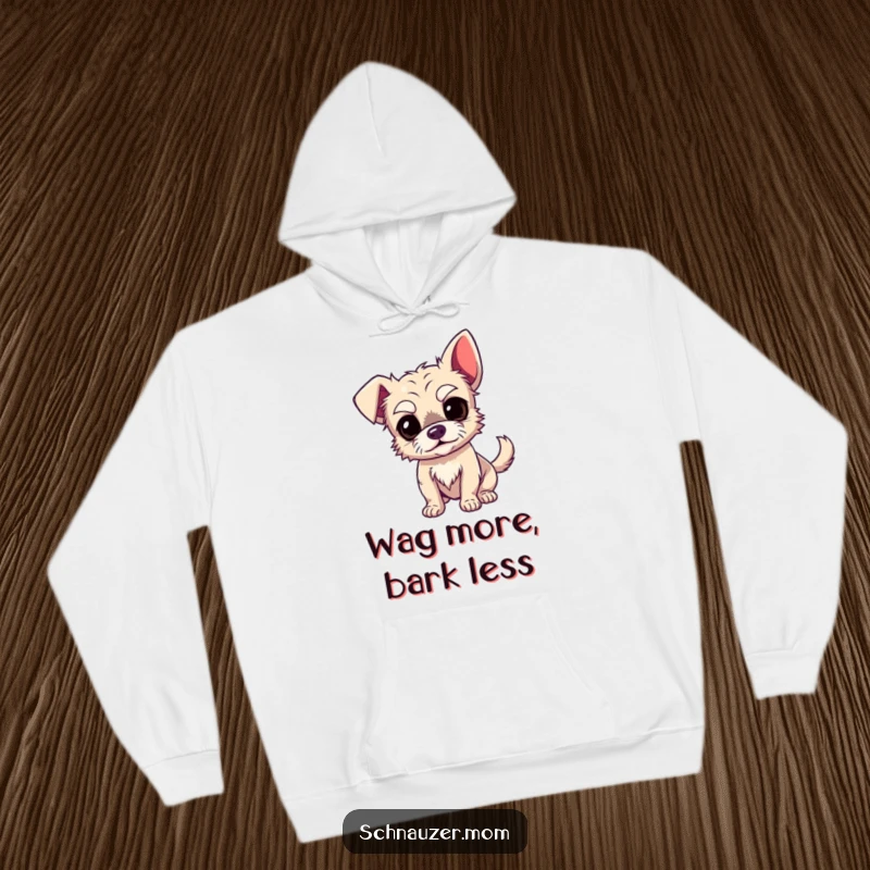 Funny Dog Hoodie: A cute, wiry dog with pronounced, comical eyebrows wags its tail with exaggerated happiness, a funny sight.