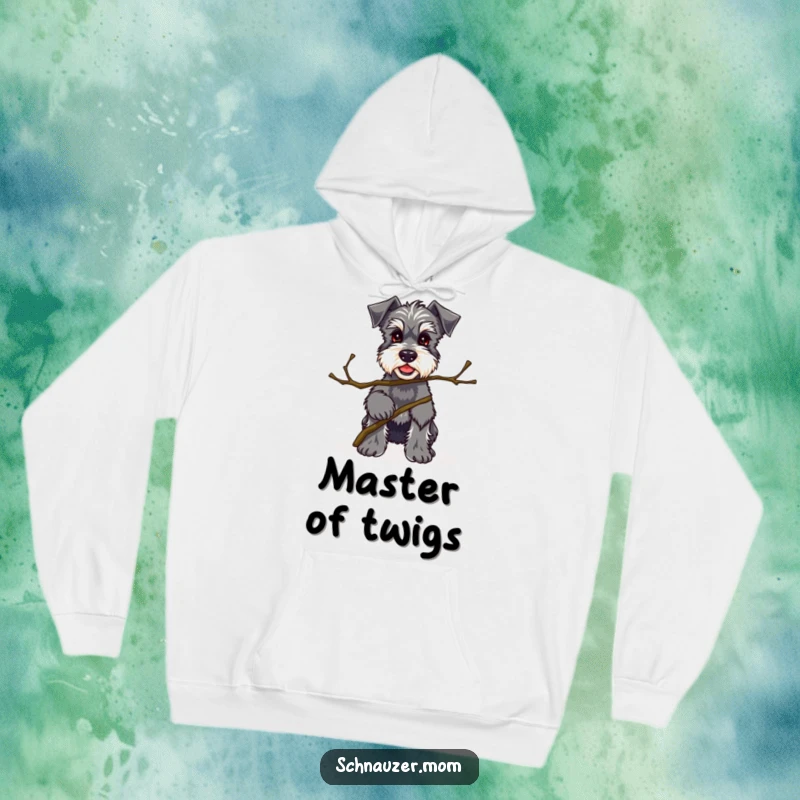Funny Kawaii Schnauzer hoodie showing a proud dog holding an interesting twig, ideal for cozying up and celebrating unique finds.