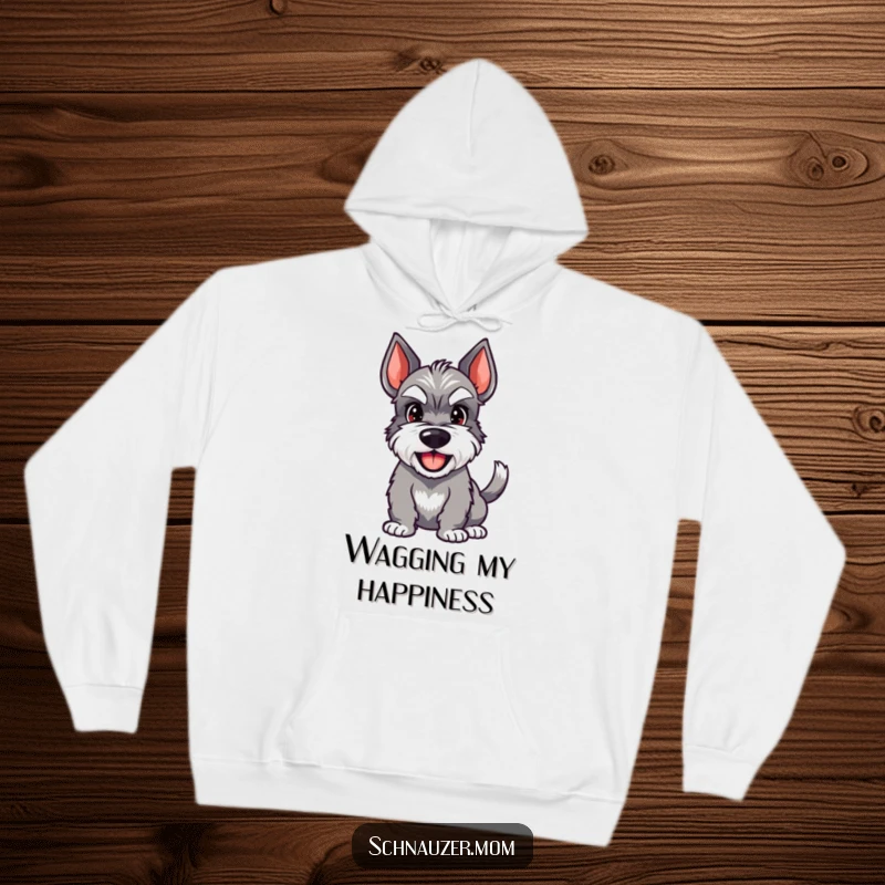 Funny Schnauzer hoodie featuring a happy dog with a wagging tail and a wide grin, embodying pure joy and comfort.