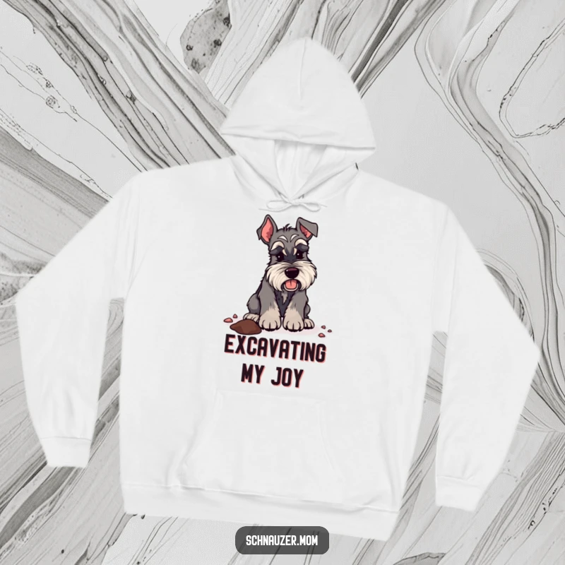 Funny Schnauzer lady hoodie capturing a dog energetically digging, symbolizing adventure and cozy comfort for explorers.
