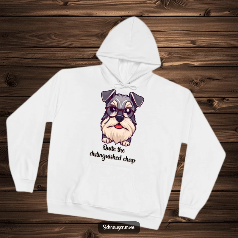 Funny kawaii Schnauzer dog in a hoodie, looking distinguished with a beard and a tiny monocle, ideal for cozy intellect.