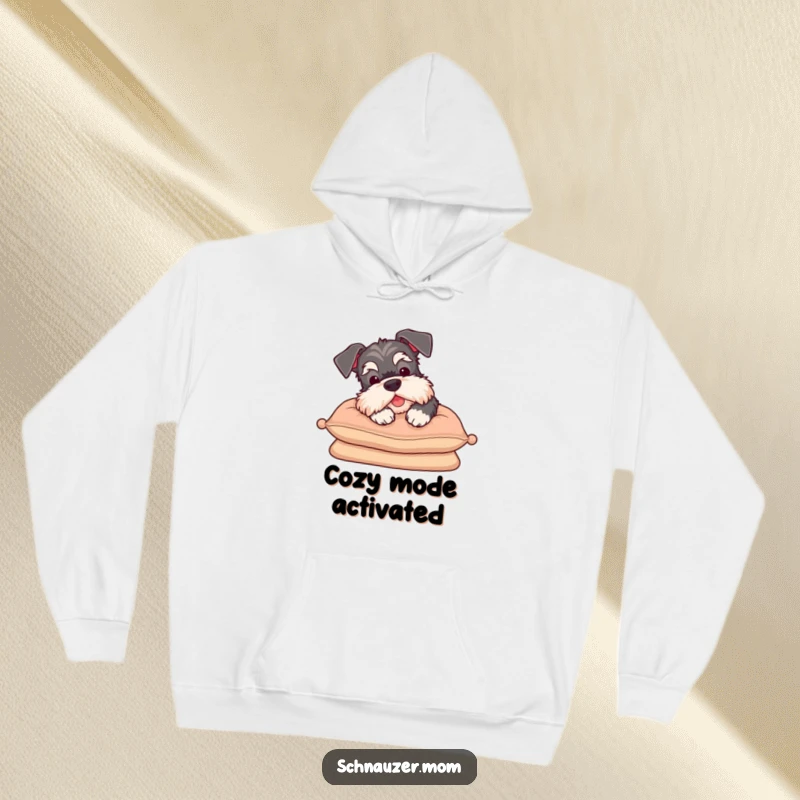 Funny Schnauzer hoodie sighing contentedly on a cushion, embodying ultimate comfort and relaxation, perfect for cozy and humorous wear.