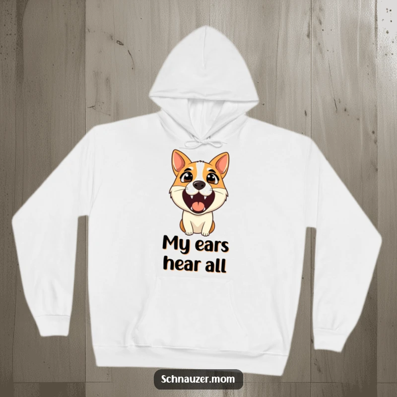 Funny hoodie depicting an alert dog barking with ears pricked, symbolizing watchfulness and protection, a great gift.