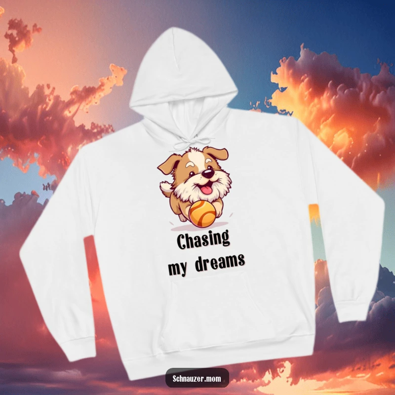 Funny dog with a substantial fluffy beard, leaping with excitement after a bouncing ball. Cozy hoodie.