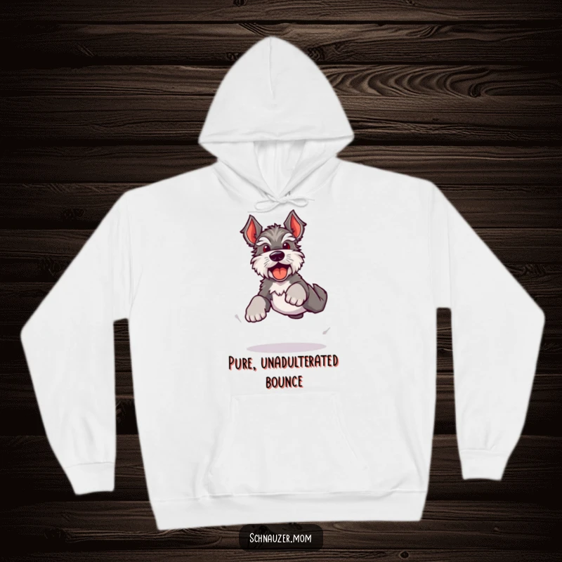 Funny Kawaii Schnauzer hoodie, a dog doing a bouncy, energetic leap with happy barks, perfect for cozy, active days.
