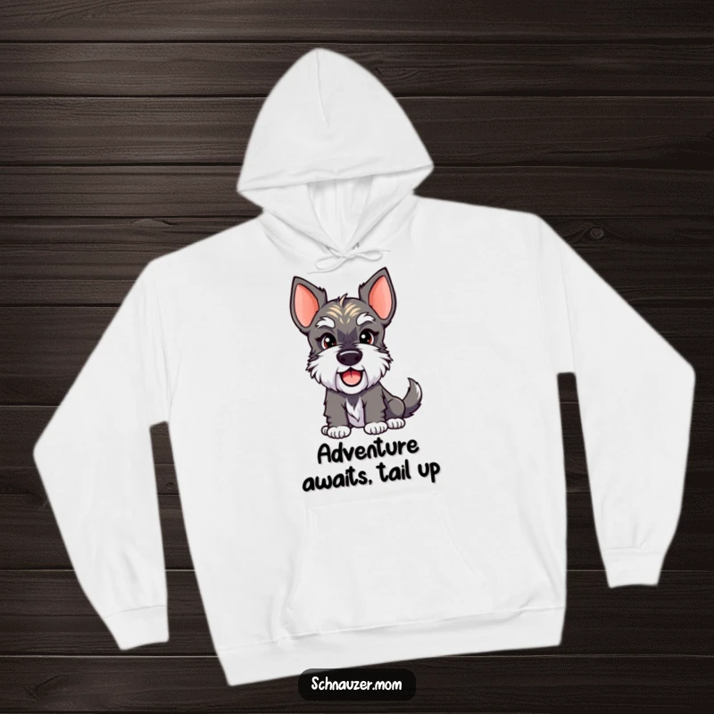 Funny Schnauzer Lady Hoodie featuring a delighted dog with a cheeky smirk and an energetic wagging tail. Perfect for a funny gift.