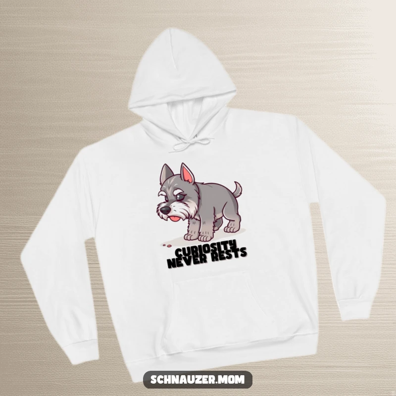 Funny Schnauzer Lady Hoodie featuring a dog with its nose to the ground, deeply interested. Great for a funny gift.