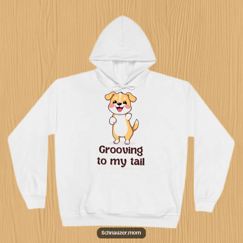 Funny hoodie depicting a dog doing a happy dance and wiggling its hindquarters, embodying joy and celebration, a great gift.