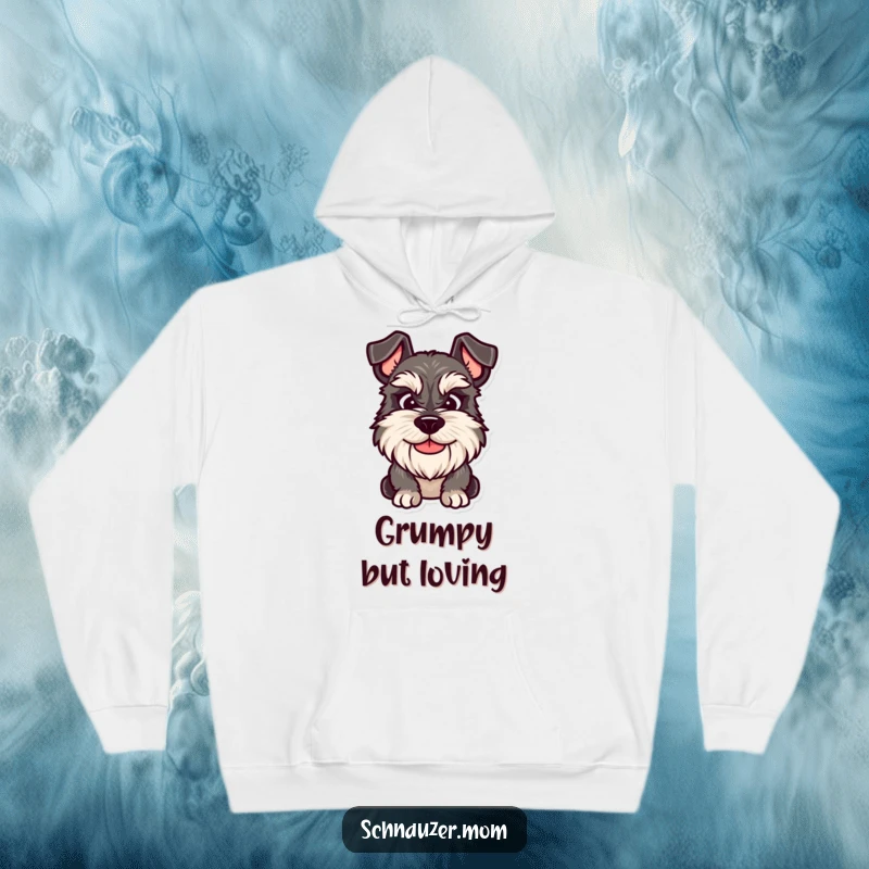 Funny Schnauzer hoodie featuring a dog with a friendly yet grumpy smile, offering warmth and relatable humor.