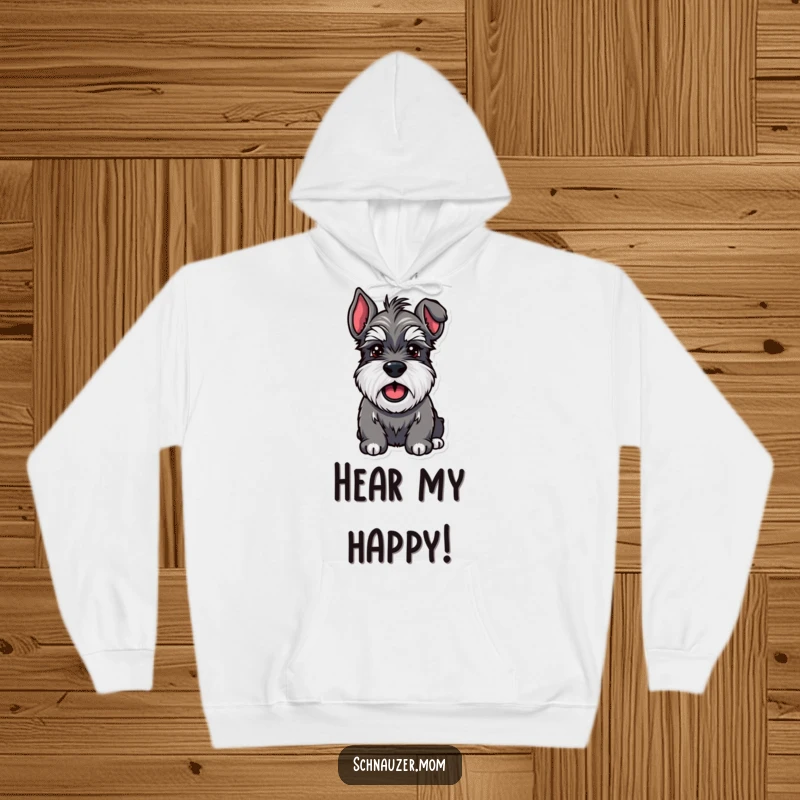 Funny Schnauzer hoodie of a sturdy dog with bushy eyebrows joyfully barking with unmatched enthusiasm and happiness.
