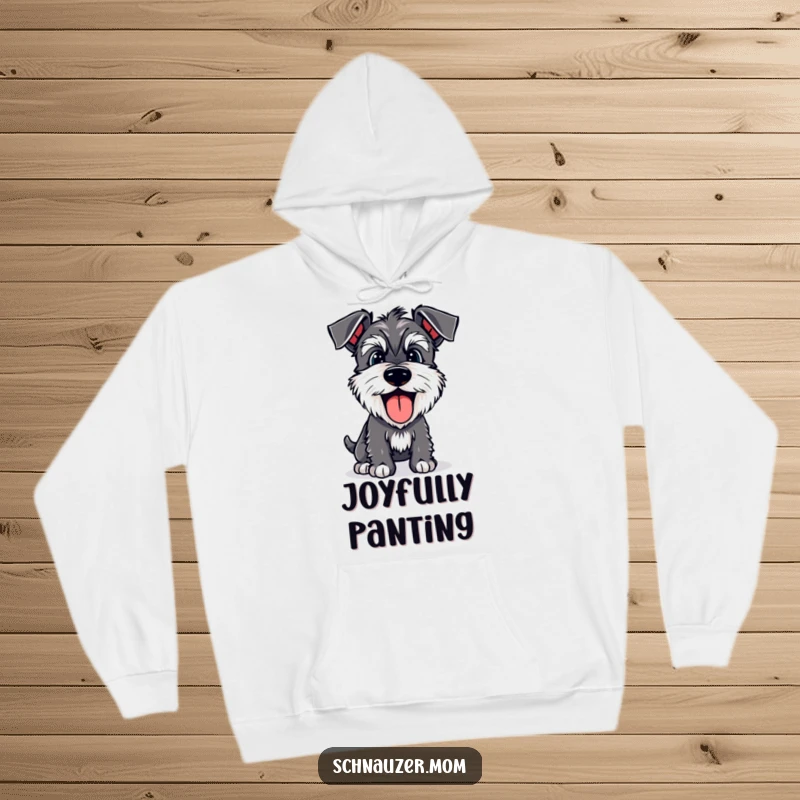 Funny Schnauzer hoodie featuring a happy dog with its tongue lolling out, panting joyfully, perfect for cozy days.