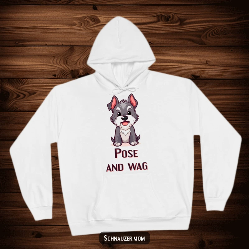 Funny Kawaii Schnauzer hoodie featuring a dog in a comical pose with a happy wag, perfect for warmth and playful vibes.