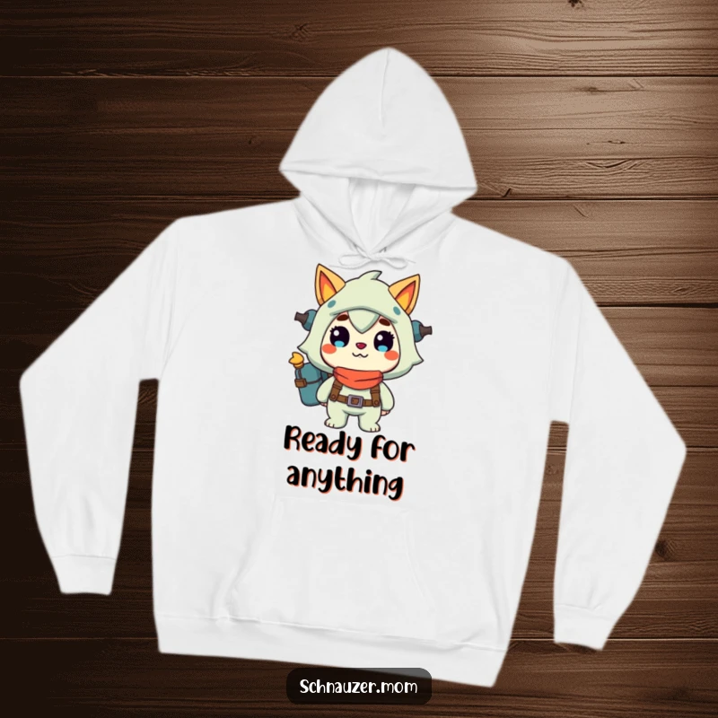 Funny Hoodie: Cozy apparel featuring a character ready for adventure with a happy grin, radiating excitement and preparedness, an excellent funny gift.