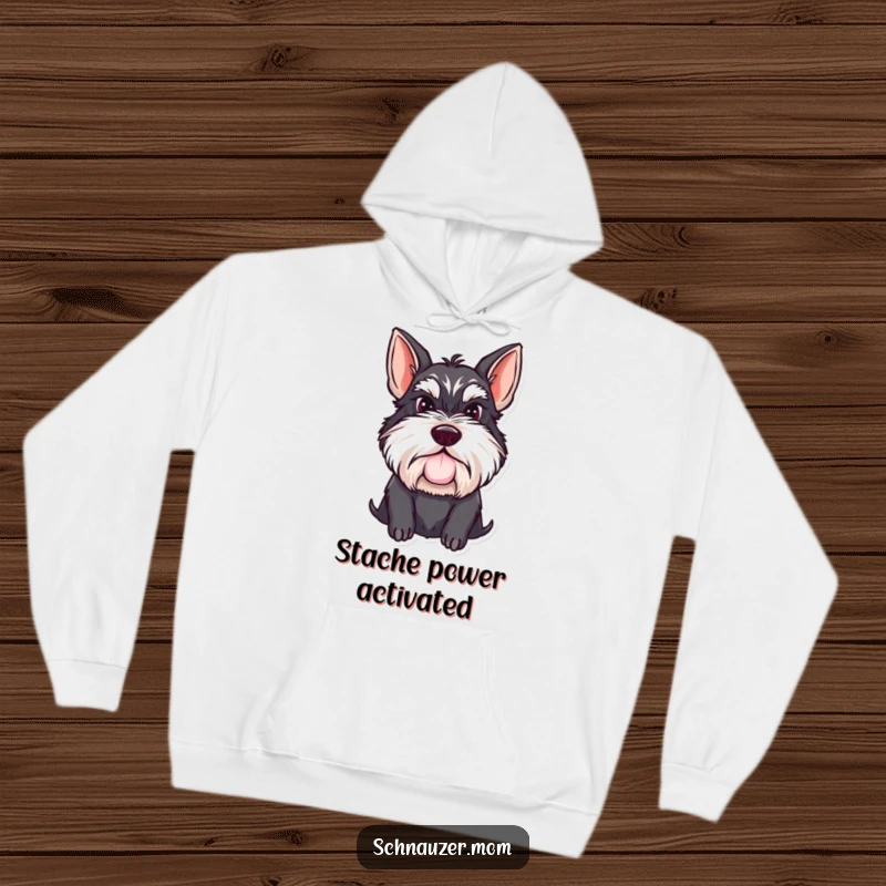Funny Schnauzer lady hoodie depicting a determined dog with a proud mustache, exuding confidence and warmth for cozy wear.