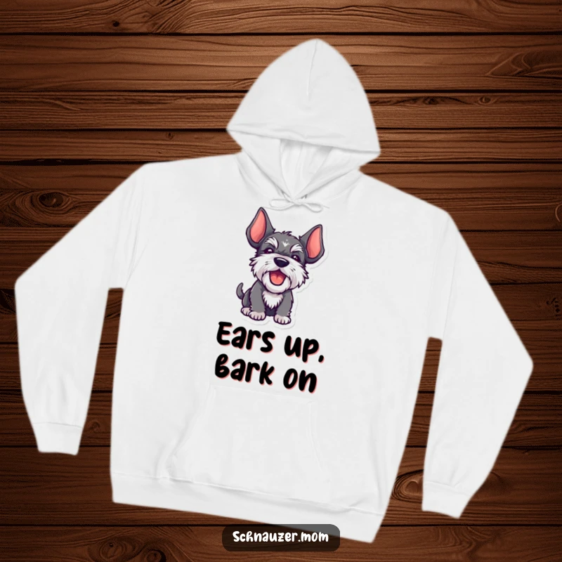 Funny Kawaii Schnauzer hoodie, ears up, barking joyfully, depicting a cute and spirited dog, excellent for gifting.