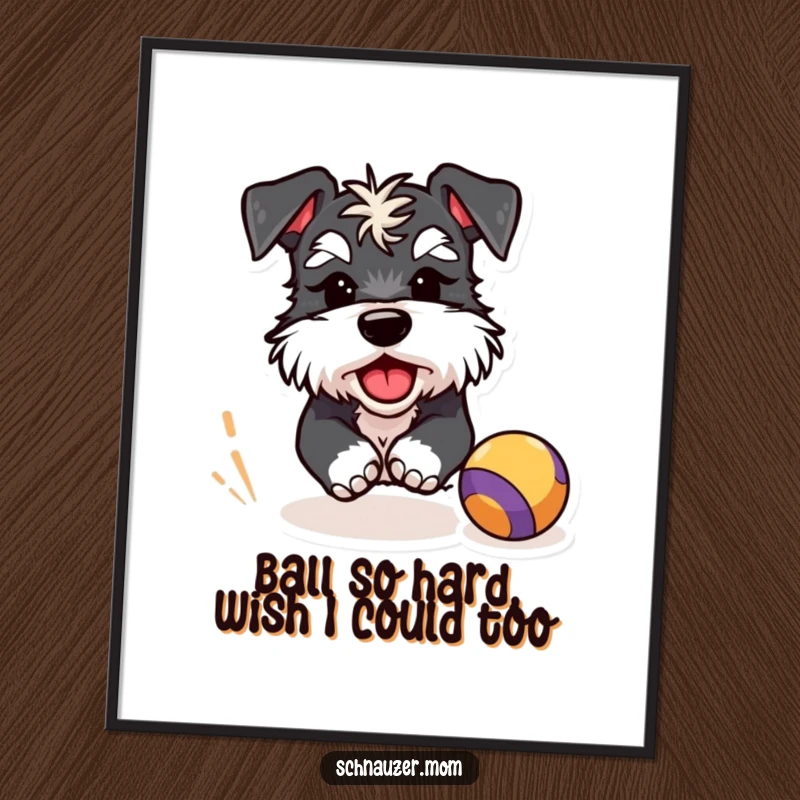 Funny Free Printable Schnauzer Wall Art: A mischievous Schnauzer with a wink playfully chases a bright ball, adding humor to decor.