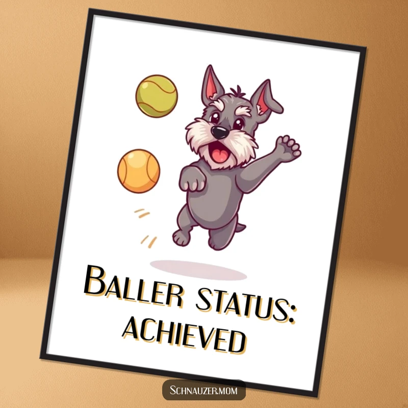 Funny Free Printable Wall Art: Schnauzer dog caught mid-leap, eyes focused on a ball.