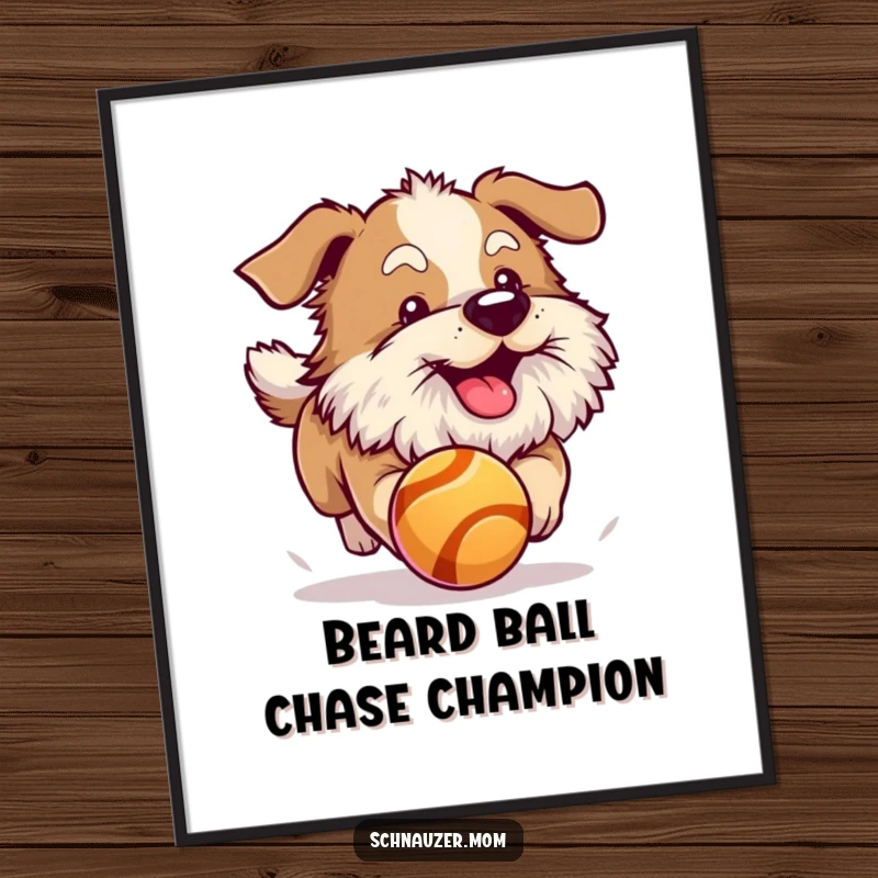 Funny Free Printable Wall Art: Dog with a fluffy beard, full of excitement, chasing a bouncing ball with great energy.