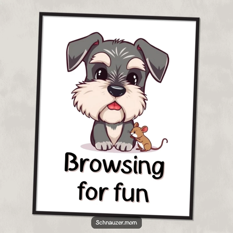 Funny Free Printable Wall Art: A cute Schnauzer character with prominent bushy eyebrows, looking with curiosity at a tiny mouse.