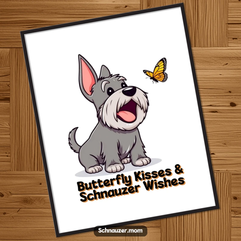 Funny Free Printable Schnauzer Wall Art: An excited dog character happily barking at a passing butterfly, full of playful energy.