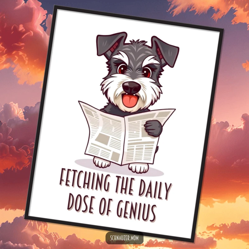 Funny Free Printable Wall Art: Schnauzer dog carrying a small newspaper, ready to deliver.
