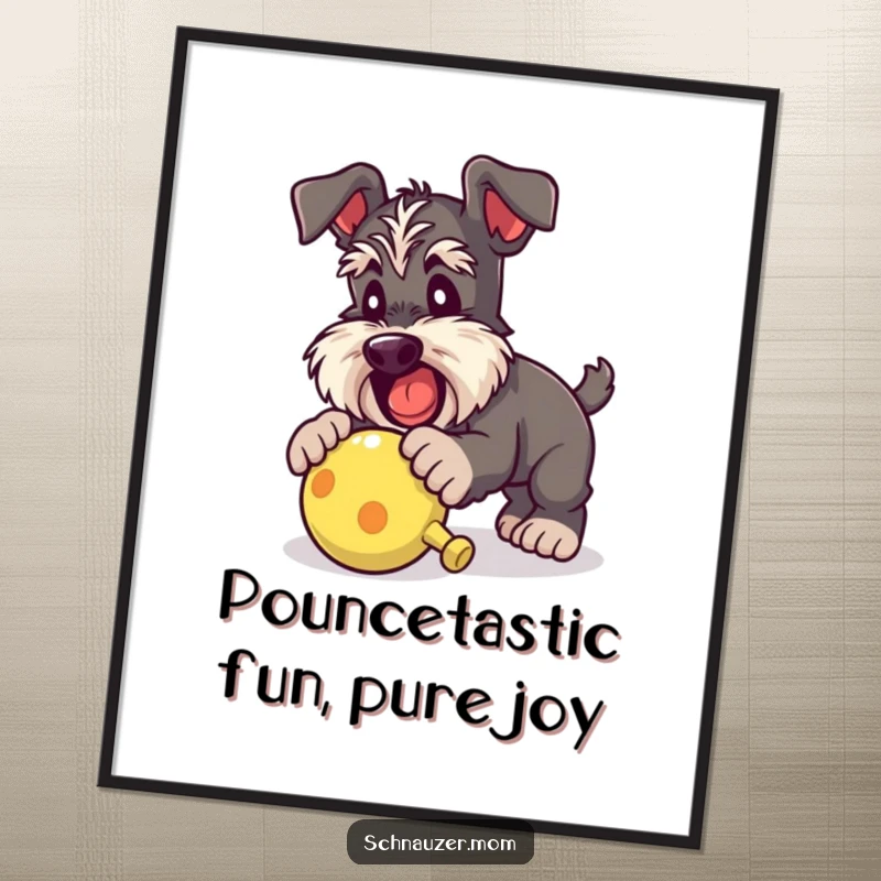 Funny Free Printable Schnauzer Wall Art depicting a dog in mid-air, playfully pouncing on a squeaky toy with pure excitement.