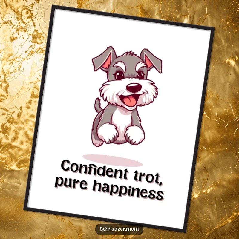 Funny Free Printable Schnauzer Wall Art depicting a dog joyfully trotting with a confident and happy expression.