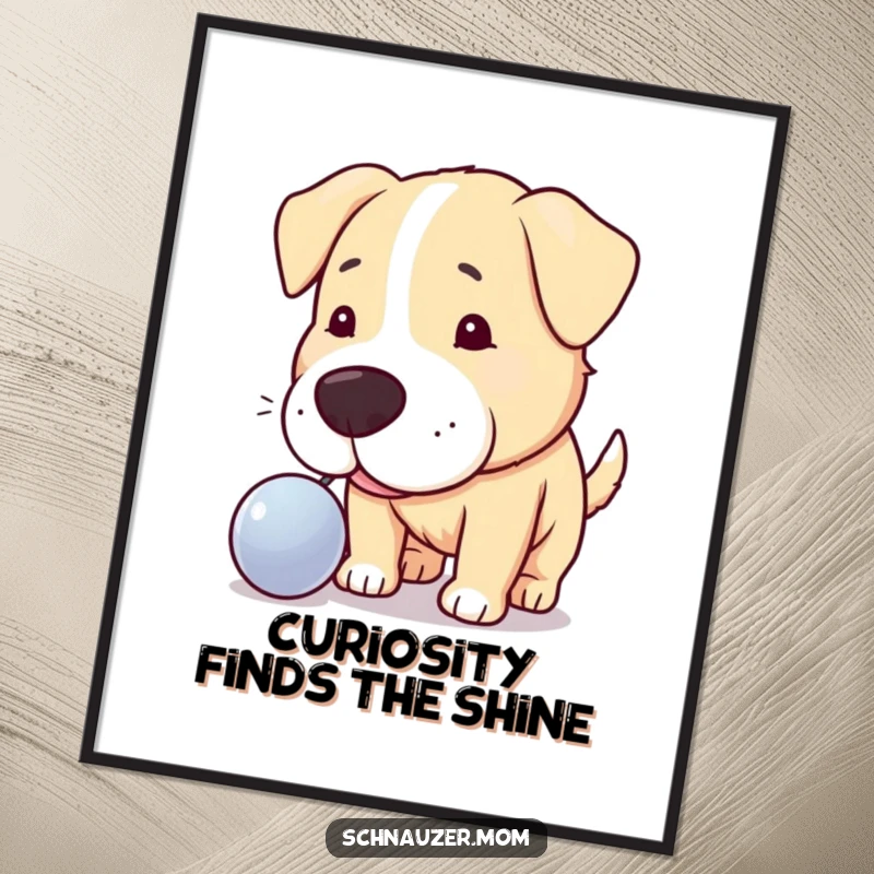 Funny Free Printable Wall Art: Dog nudging a glittering object with its nose, downloadable humorous art for curious minds.