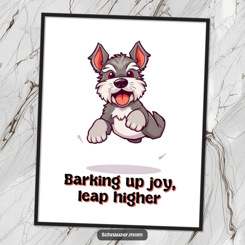 Funny Free Printable Wall Art showing an energetic Kawaii Schnauzer doing a bouncy leap with happy barks, radiating pure fun.