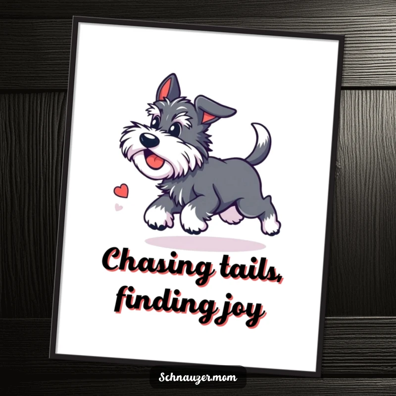 Free Printable Wall Art, a cute Kawaii Schnauzer in a dizzy spin, enthusiastically chasing its own tail.