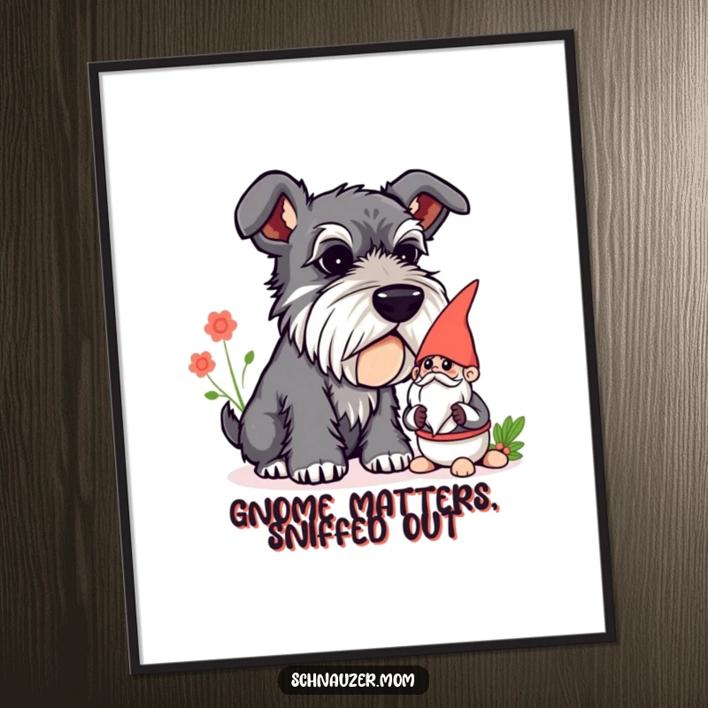 Funny Free Printable Wall Art: A Schnauzer dog with a curious expression, sniffing a small, colorful garden gnome.