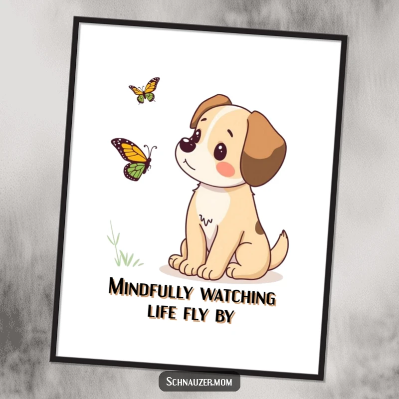 Funny Free Printable Wall Art depicting a dog's calm focus on a butterfly, ideal for adding gentle humor to decor.