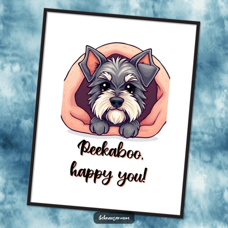 Free Printable Wall Art, a cute Kawaii Schnauzer peeking out from under a soft, cozy blanket with bright eyes.