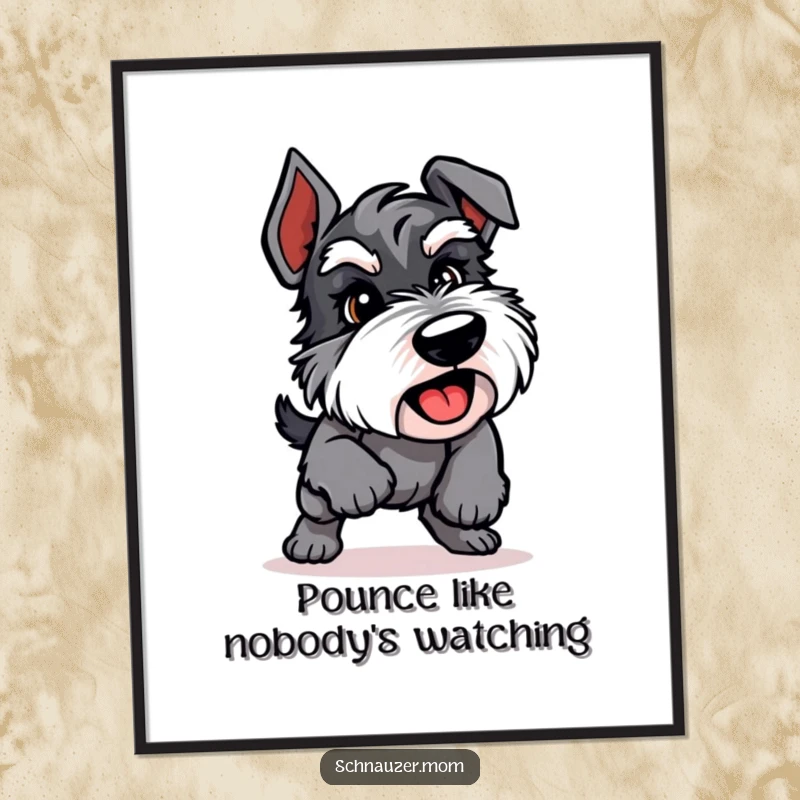 Funny Free Printable Wall Art: A Schnauzer dog in mid-air, performing a sudden, playful pounce with joyful abandon.