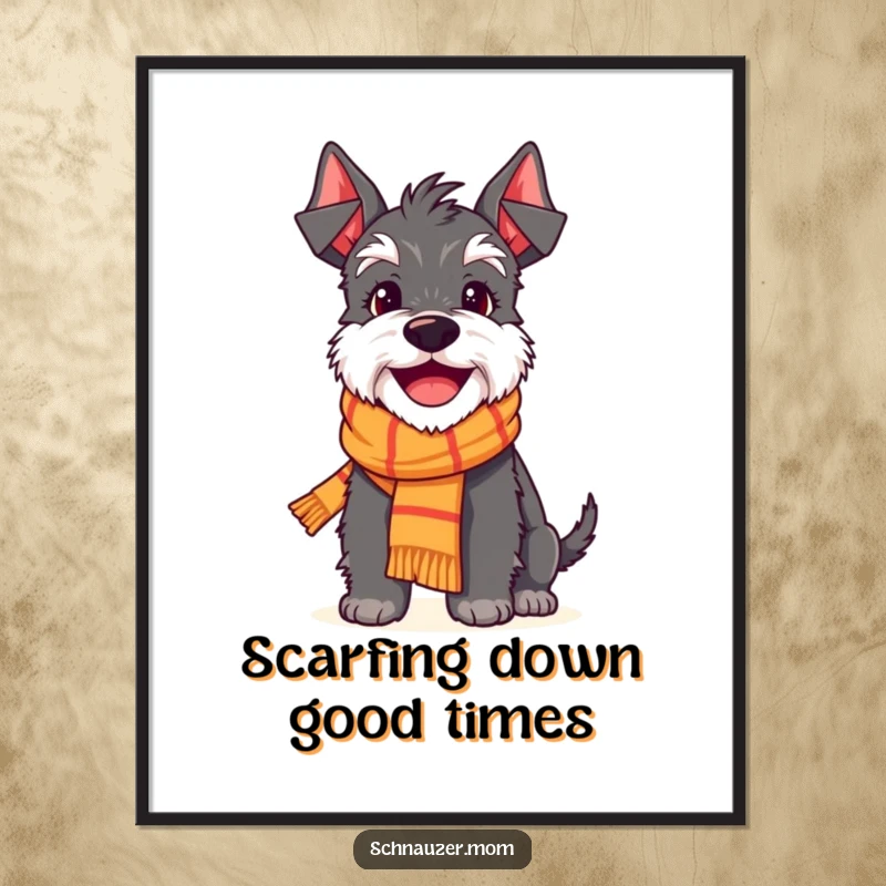 Funny Free Printable Schnauzer Wall Art: A delighted Schnauzer in a tiny scarf offers a big, heartwarming smile to viewers.