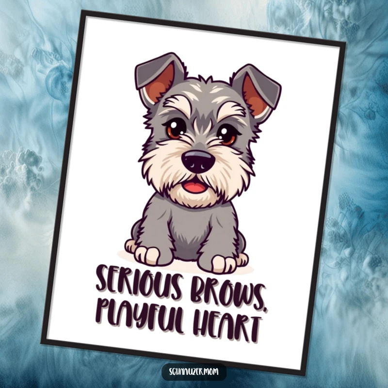 Funny Free Printable Wall Art of a Kawaii Schnauzer with bushy eyebrows furrowed in playful curiosity, bringing a touch of whimsy.