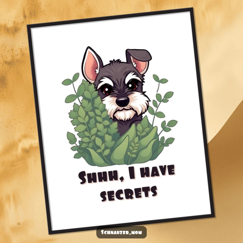 Funny Free Printable Wall Art: Schnauzer peeking from behind a bushy plant with a mischievous glint, adding playful decor.
