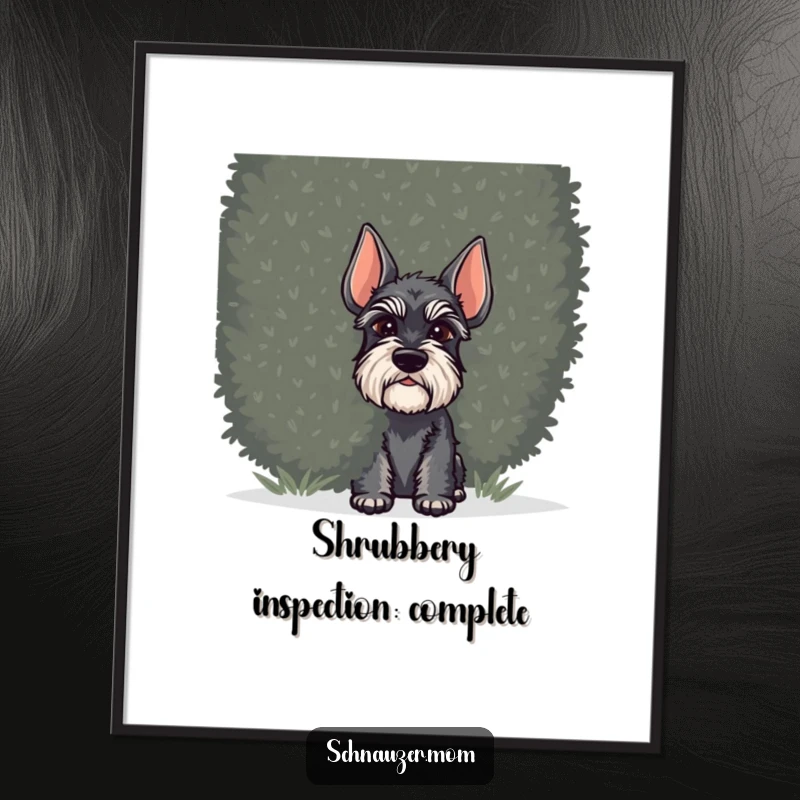 Funny Free Printable Wall Art: Schnauzer dog peeking playfully from behind a large, lush green shrub.