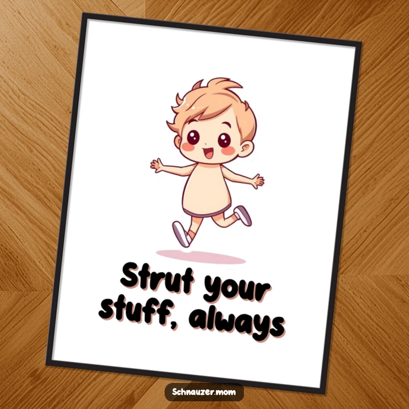 Funny free printable wall art of a dog prancing with a confident, energetic gait, bringing vibrant energy to a room.