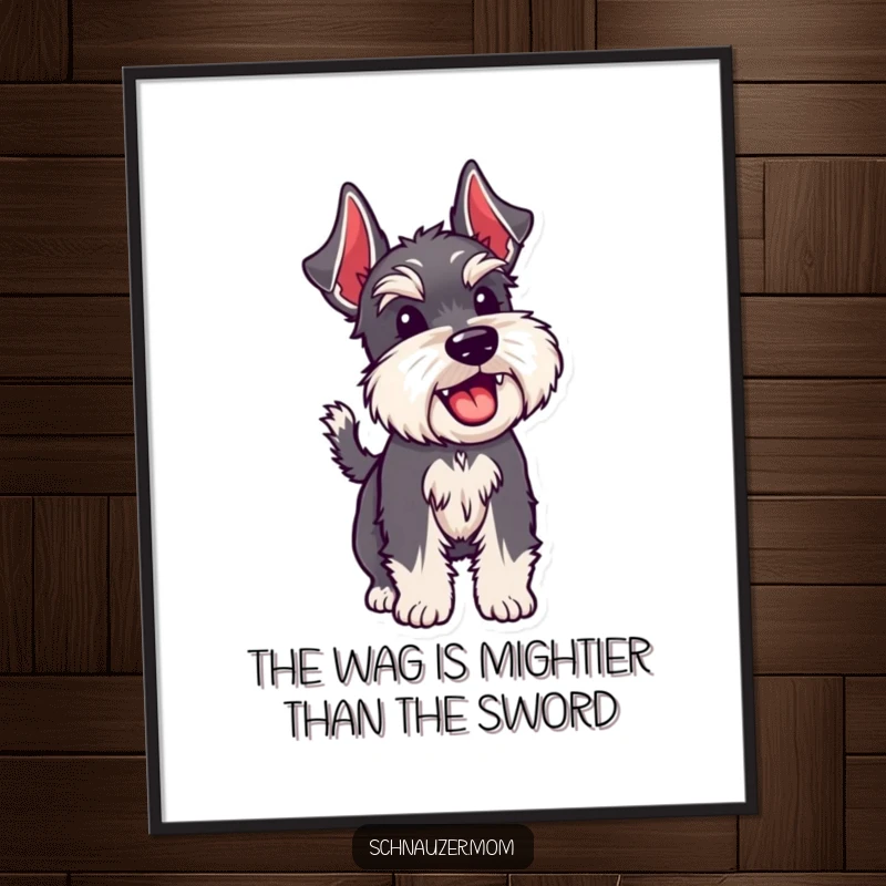 Funny Free Printable Wall Art: Schnauzer dog energetically wagging its tail, radiating pure happiness.