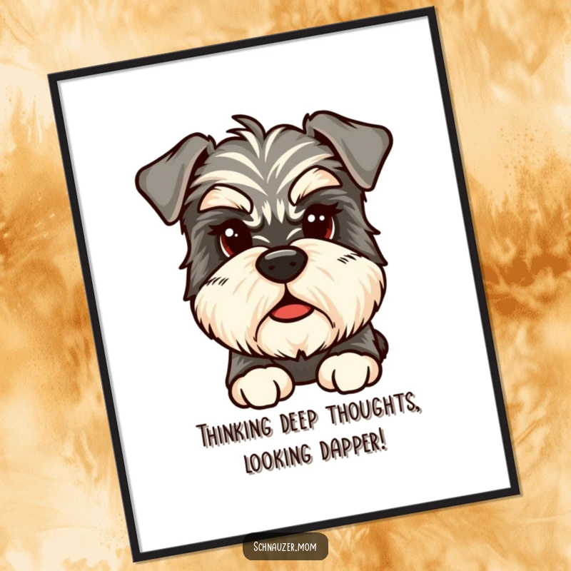 Funny Free Printable Wall Art: A scruffy Schnauzer with bushy eyebrows gazing thoughtfully. A humorous downloadable for dog fans.