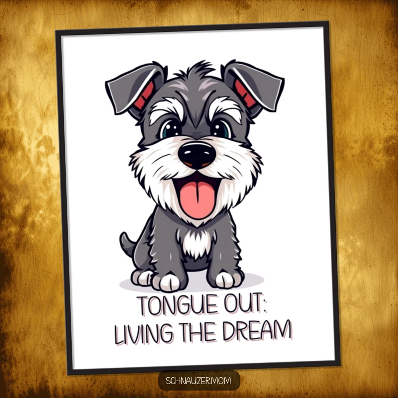 Funny Free Printable Wall Art: Schnauzer with its tongue lolling out, panting joyfully, bringing cheerful vibes to the room.