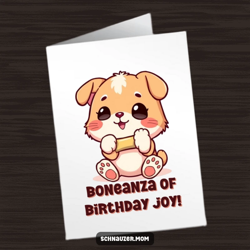 Funny free printable birthday card of a happy dog, paws holding a small bone with pure glee, ready for cake.