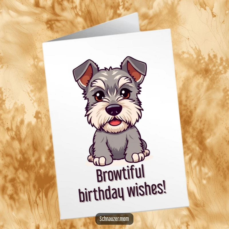 Funny Free Printable Birthday Card featuring a Kawaii Schnauzer with bushy eyebrows furrowed in playful curiosity, ready to investigate.
