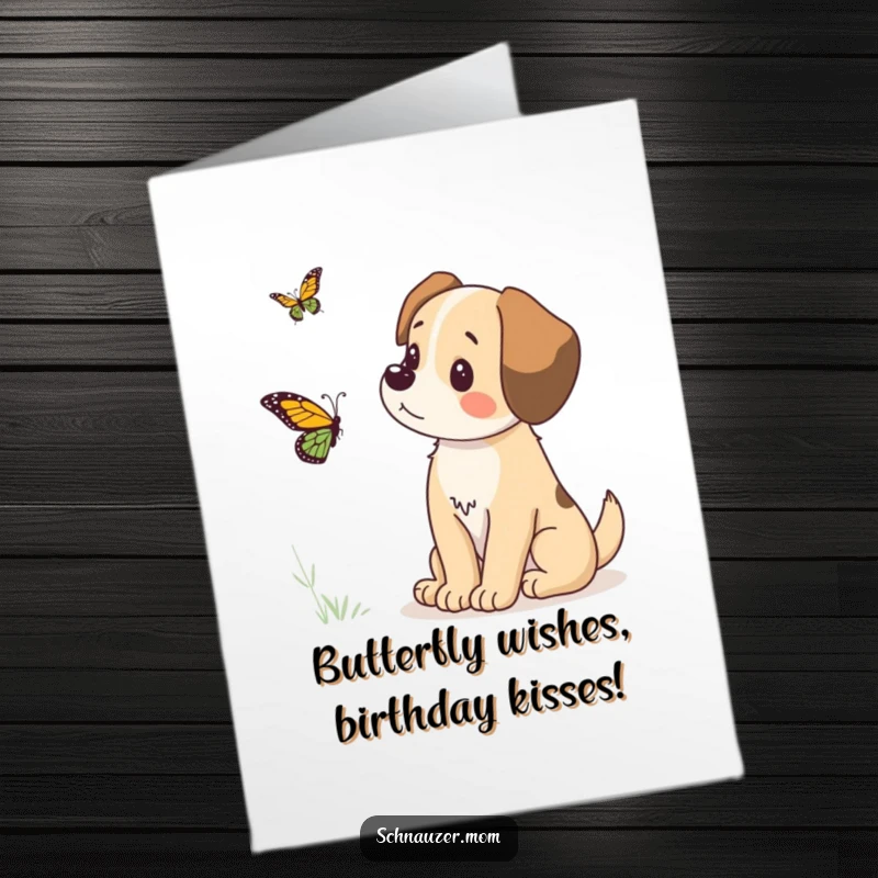 Funny Free Printable Birthday Card featuring a dog intently watching a butterfly flutter past in a serene outdoor scene.