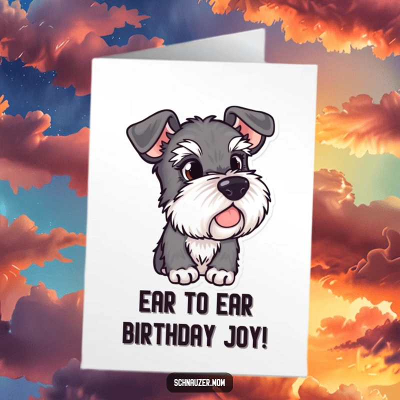 Funny Free Printable Birthday Card: A Schnauzer dog with keen, alert ears, attentively observing its surroundings with curiosity.